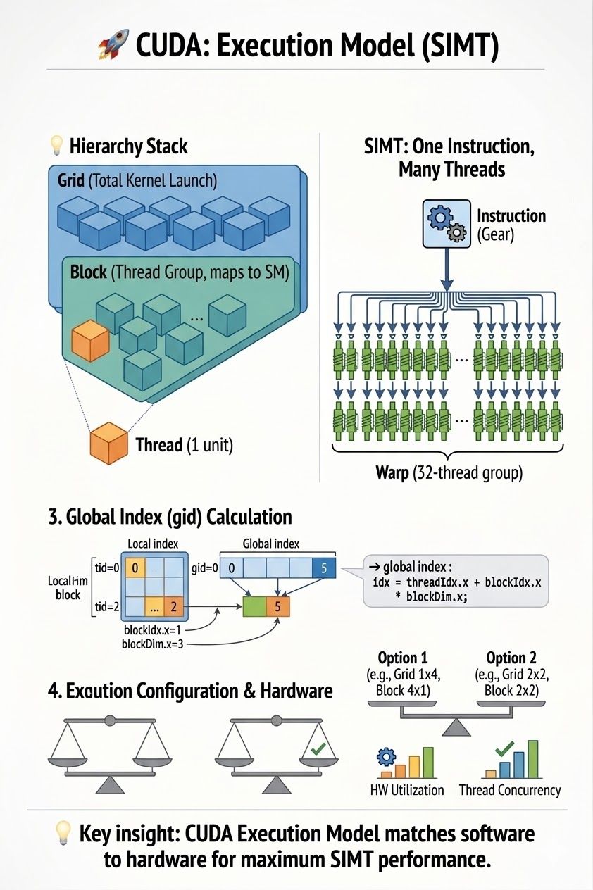 The CUDA execution model: threads, warps, blocks, and grids
