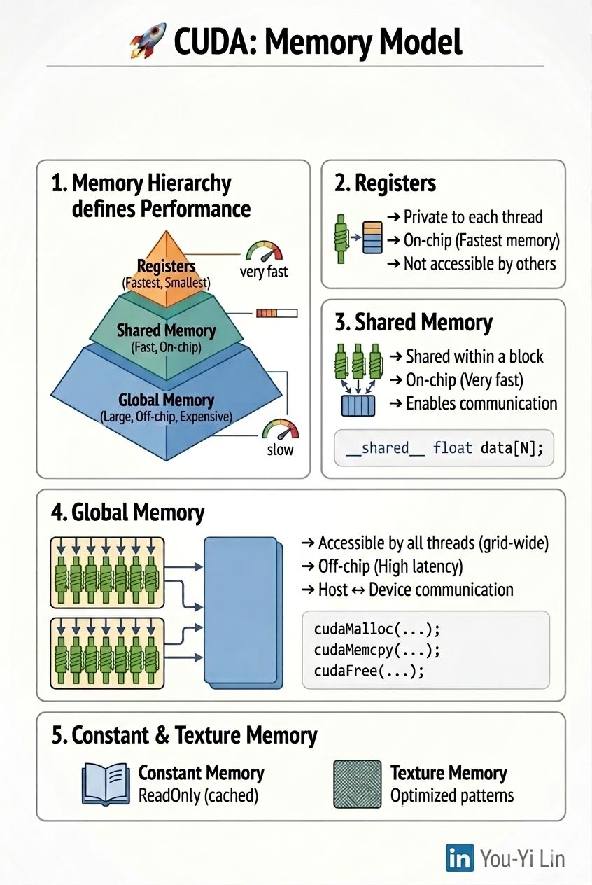 The CUDA memory hierarchy: registers, shared memory, and global memory